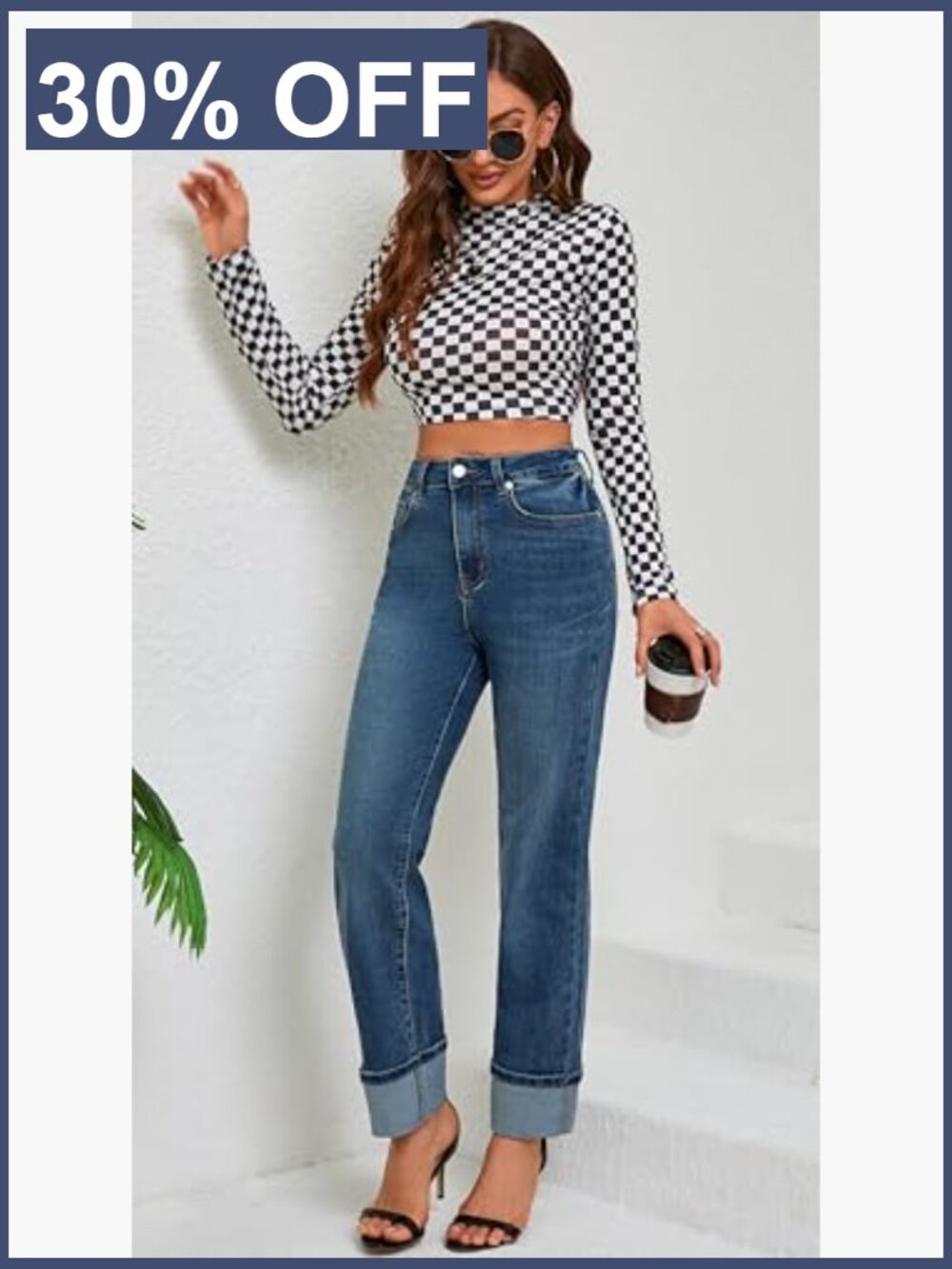 High Waisted Straight Leg Jeans Tummy Control Stretchy Ankle Fold Hem - Picture 5 of 6